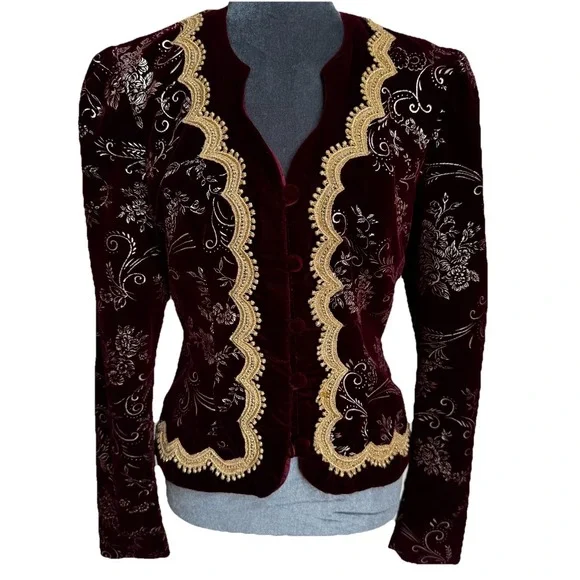Vtg 80s J McClintock Blazer Burgundy Gold Velvet Victorian Regencycore Boho - Picture 9 of 16